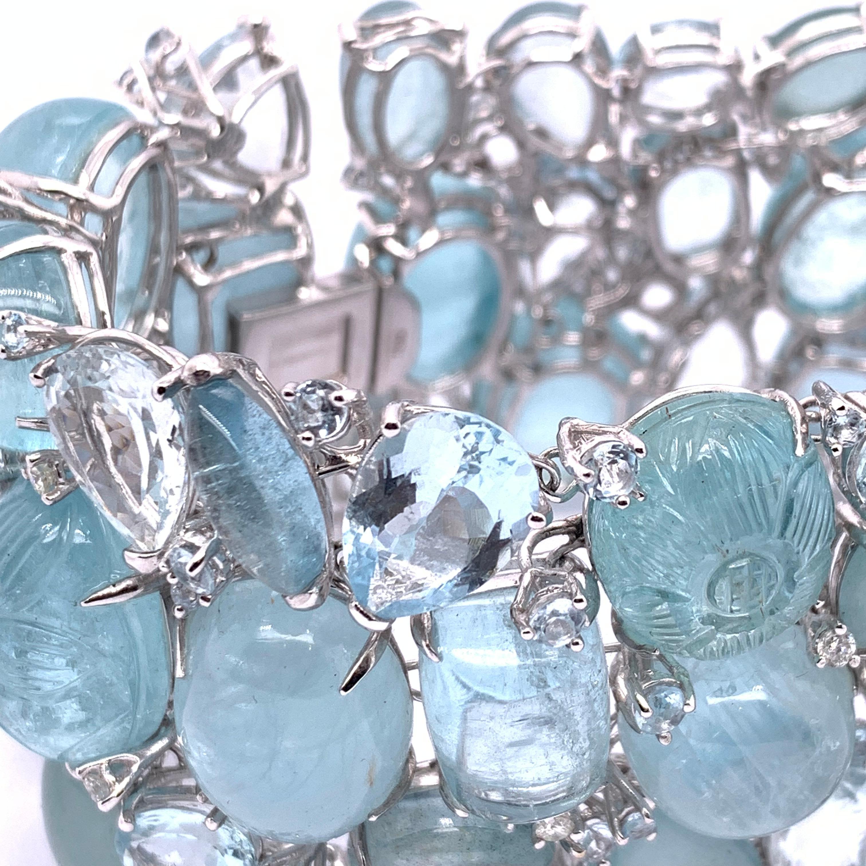 Cabochon Aquamarine Multi-Stone Bracelet with Diamonds in White Gold