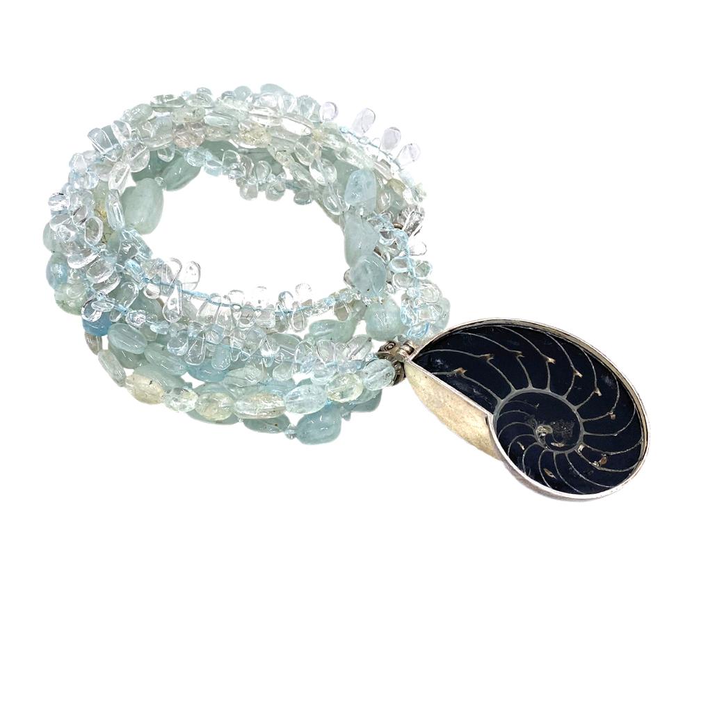 Artisan Aquamarine Multi-strand Necklace with Ammonoidea Pendant For Sale
