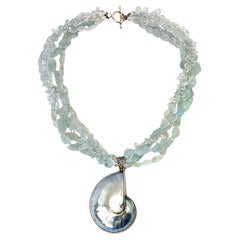 Used Aquamarine Multi-strand Necklace with Ammonoidea Pendant