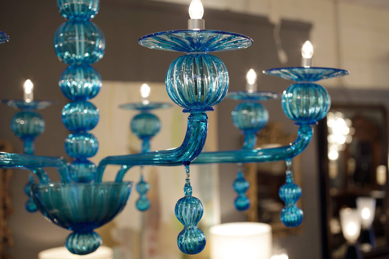 Mid-Century Modern Aquamarine Murano Glass Chandelier by Barbini For Sale