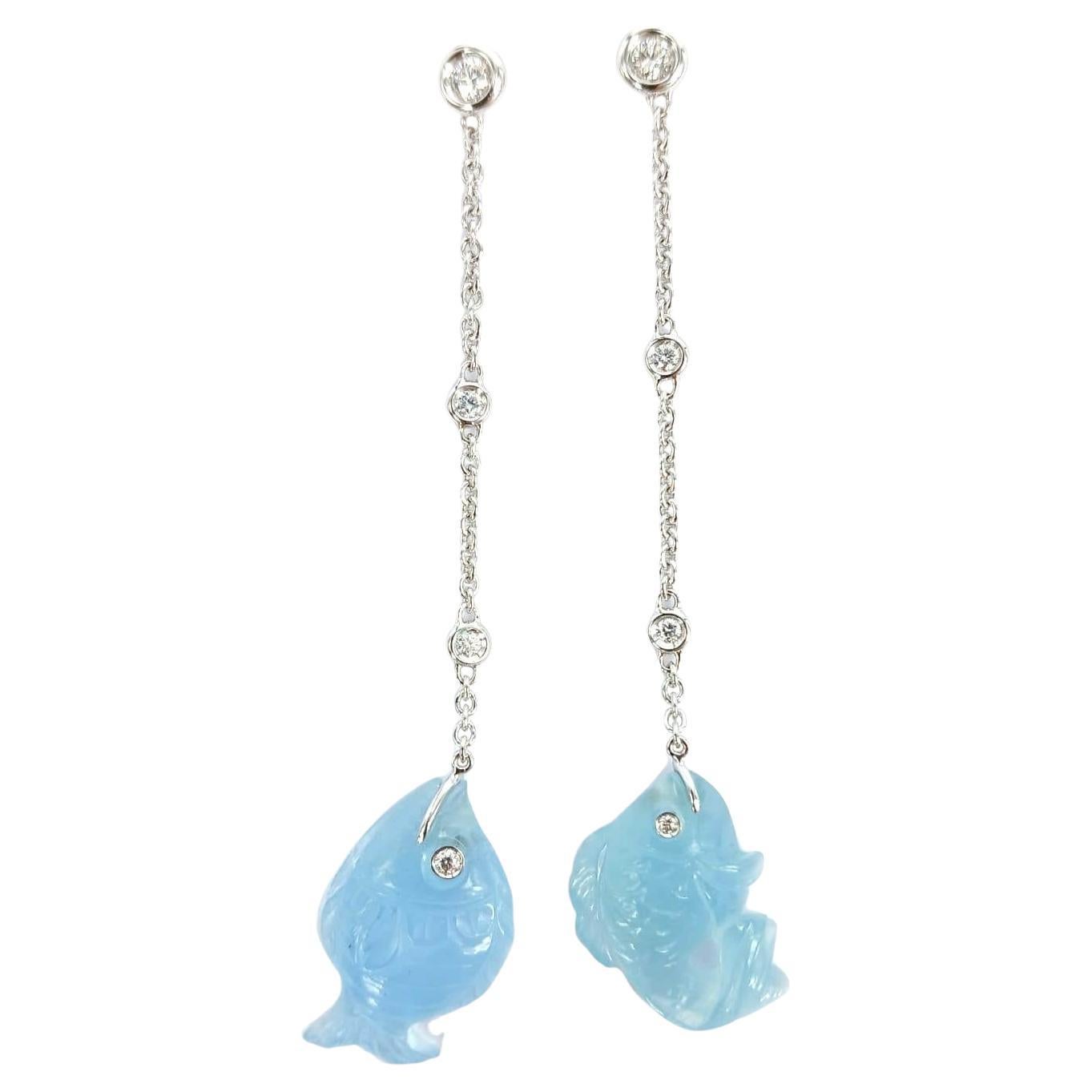 Aquamarine Natural Diamond 18 Karat White Gold Happy Fishes Earrings en venta
