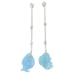 Aquamarine Natural Diamond 18 Karat White Gold Happy Fishes Earrings