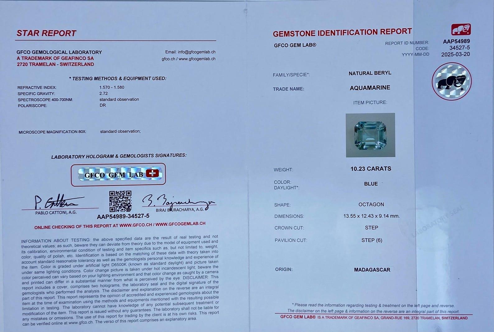 Aquamarine natural Loose gemstone 10.23 ct. Origin Madagascar, Certificate GFCO In New Condition For Sale In Daugavpils, LV