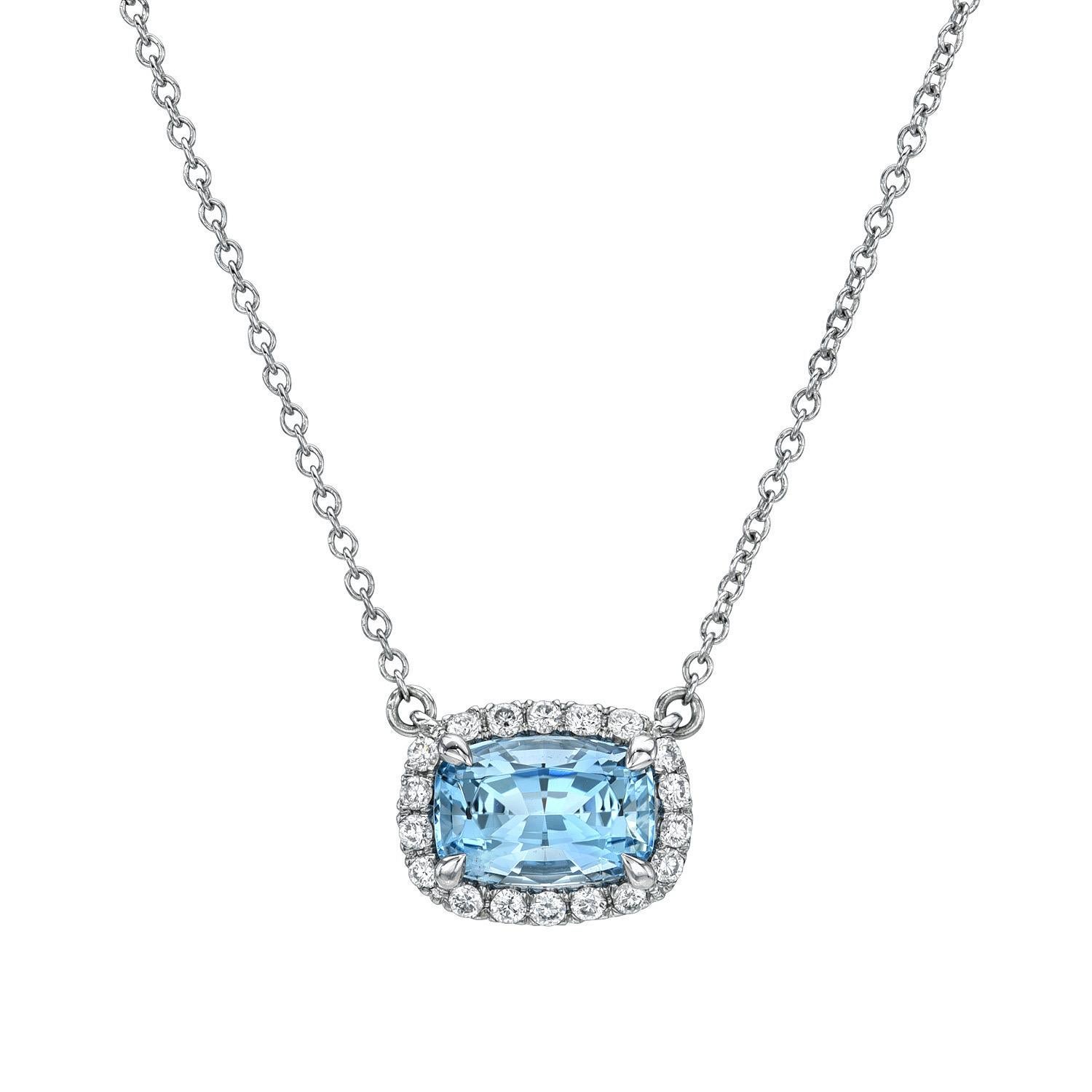 Contemporary Elegant 1.27 Carat Aquamarine Cushion & Diamond Necklace – Luxury 14K White Gold For Sale