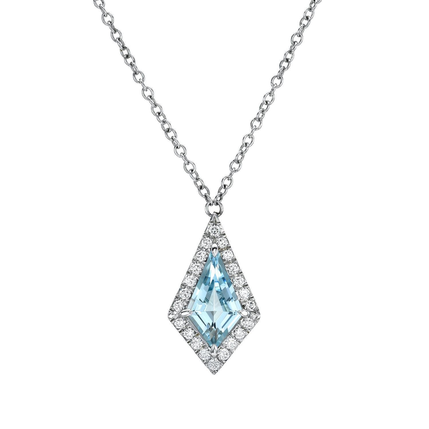 14K white gold necklace set with a 1.97 carat Aquamarine Kite shape, decorated with a total of 0.34 carat round brilliant diamonds.

Returns are accepted and paid by us within 7 days of delivery.

Please FOLLOW the MERKABA storefront to be the first