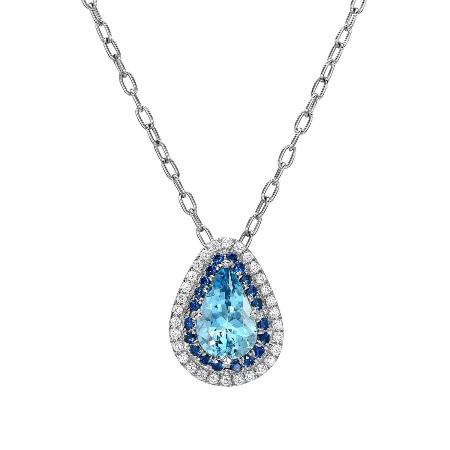 Collier en or blanc 18 carats serti d'une aigue-marine en forme de poire de 2,24 carats, décorée d'un double halo serti de saphirs bleus de 0,33 carats au total, et de diamants ronds de taille brillant de 0,26 carats F-G/VS au total.

Les retours