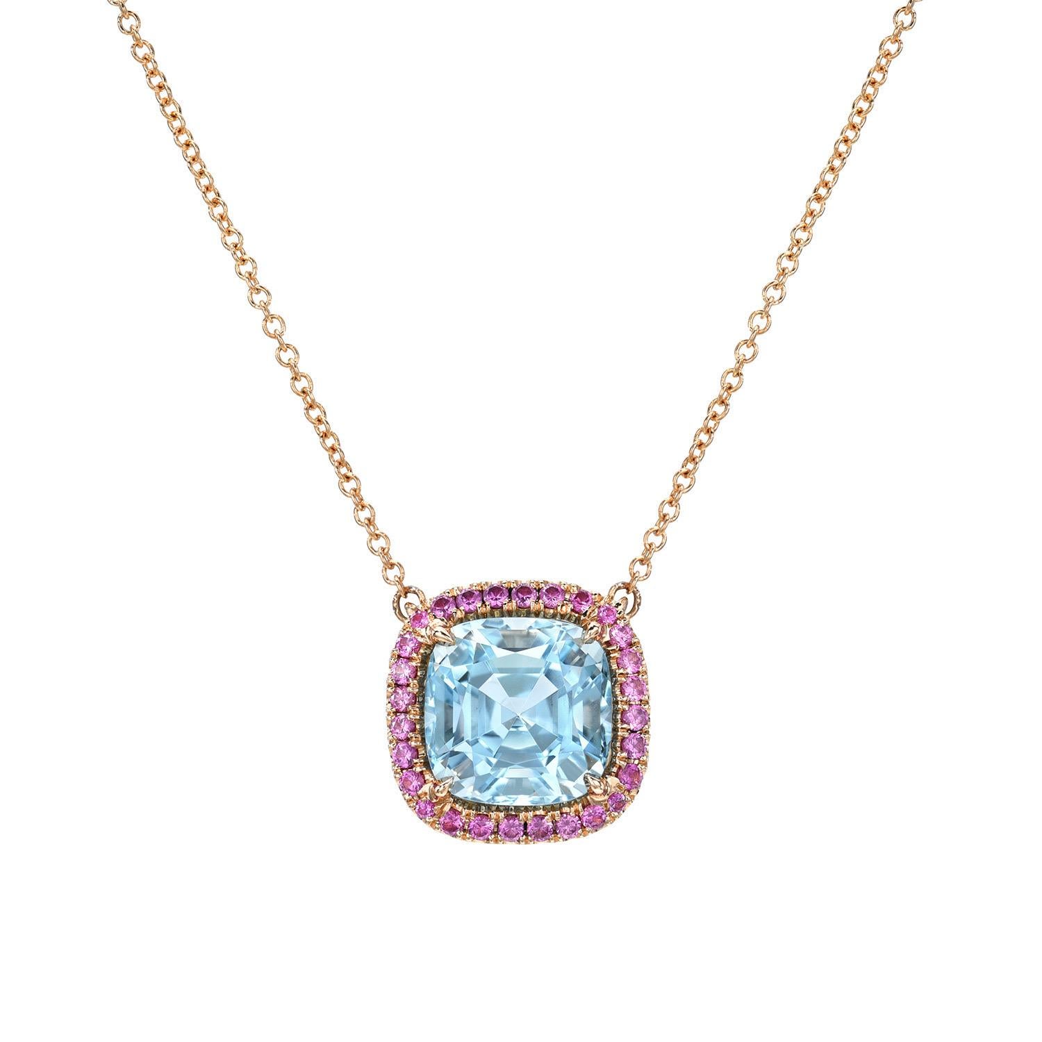 Cushion Cut Stunning 18K Rose Gold Aquamarine & Pink Sapphire Necklace - Luxury Gift  Tamir For Sale