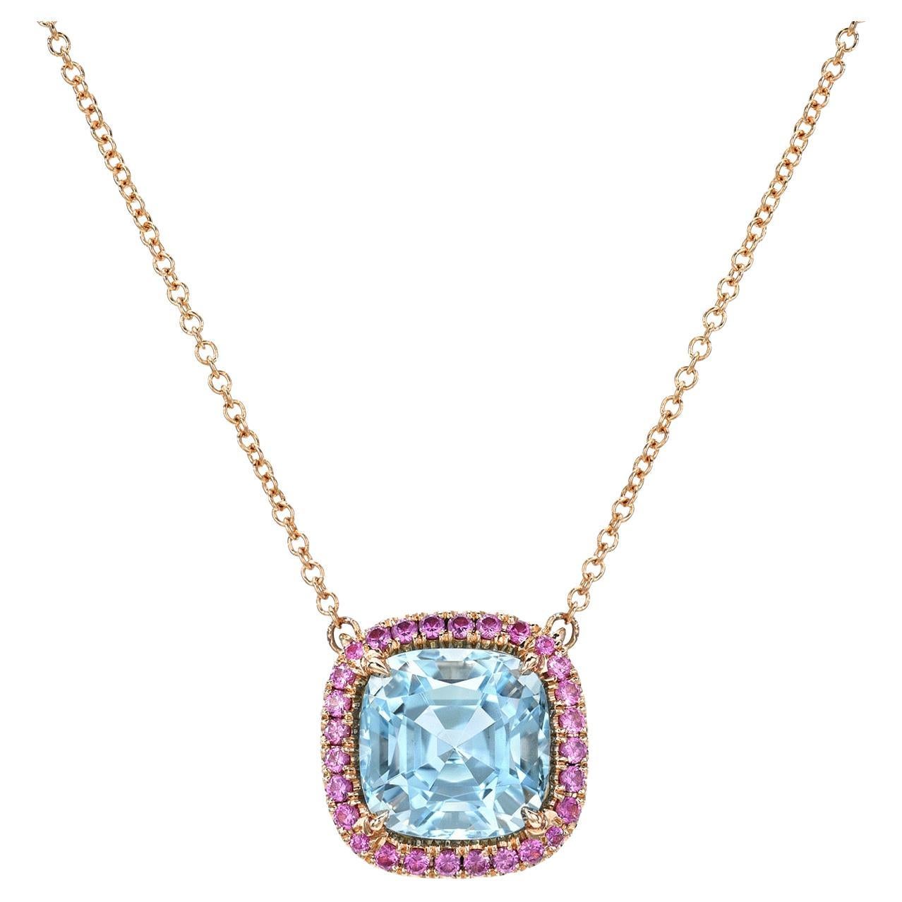 Atemberaubende Halskette aus 18 Karat Roségold mit Aquamarin und rosa Saphir - Luxusgeschenk  Tamir
