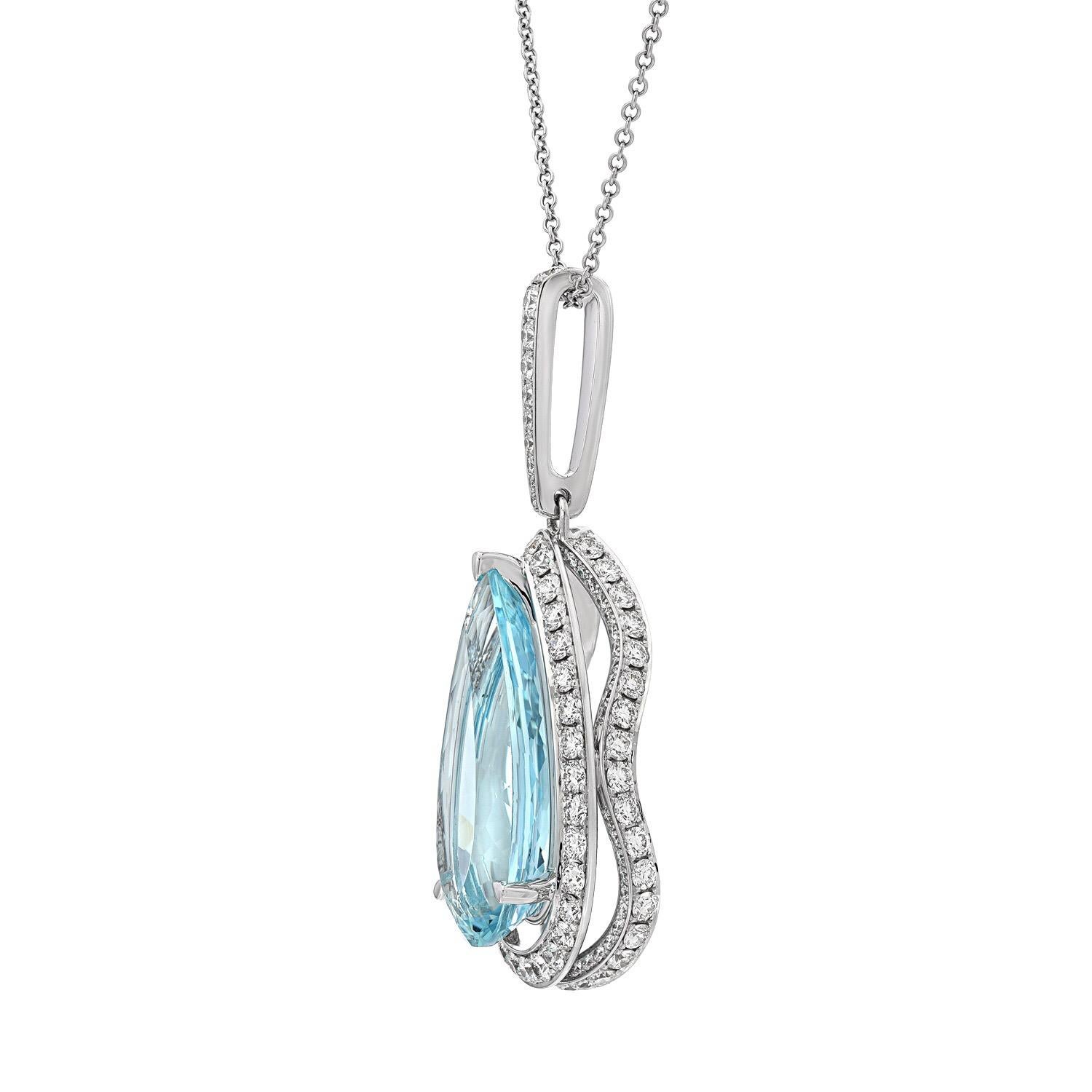 Remarkable 24.01 carat pear shaped Aquamarine set in a diamond necklace weighing a total of 4.62 carats and suspended from an 18K white gold chain. The chain length can be adjusted upon request.

Returns are accepted and paid by us within 7 days of