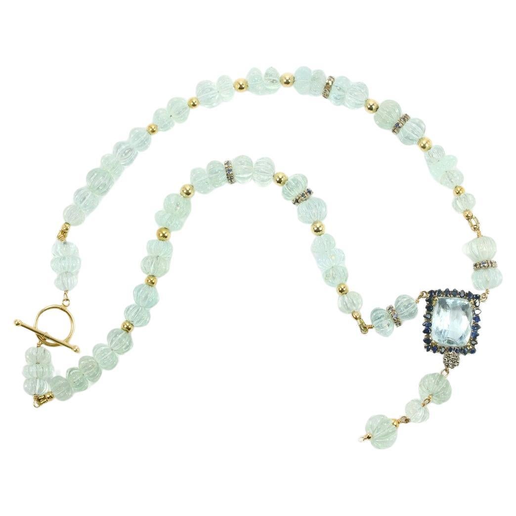 Aquamarine Necklace Sapphire Accent Statement Lariat Beaded Necklace