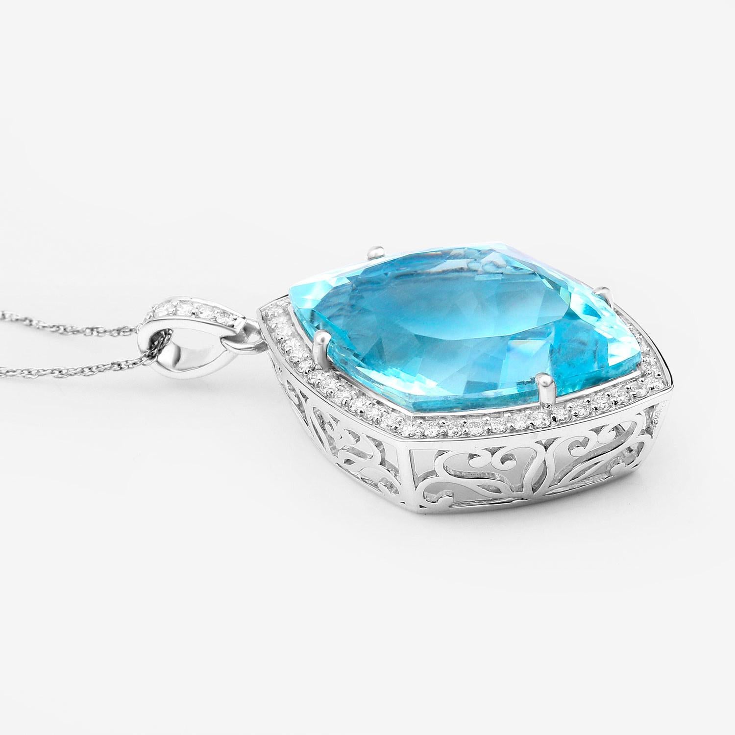 Marquise Cut Aquamarine Necklace With Diamond Halo 24.22 Carats 14K White Gold For Sale