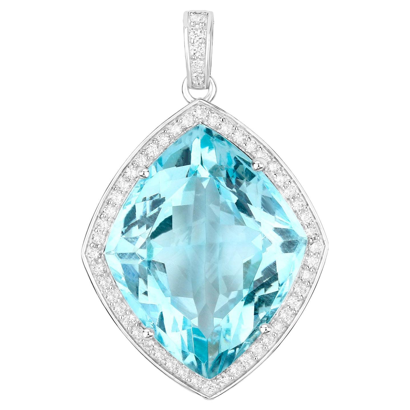 Aquamarine Necklace With Diamond Halo 24.22 Carats 14K White Gold For Sale