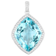 Aquamarine Necklace With Diamond Halo 24.22 Carats 14K White Gold