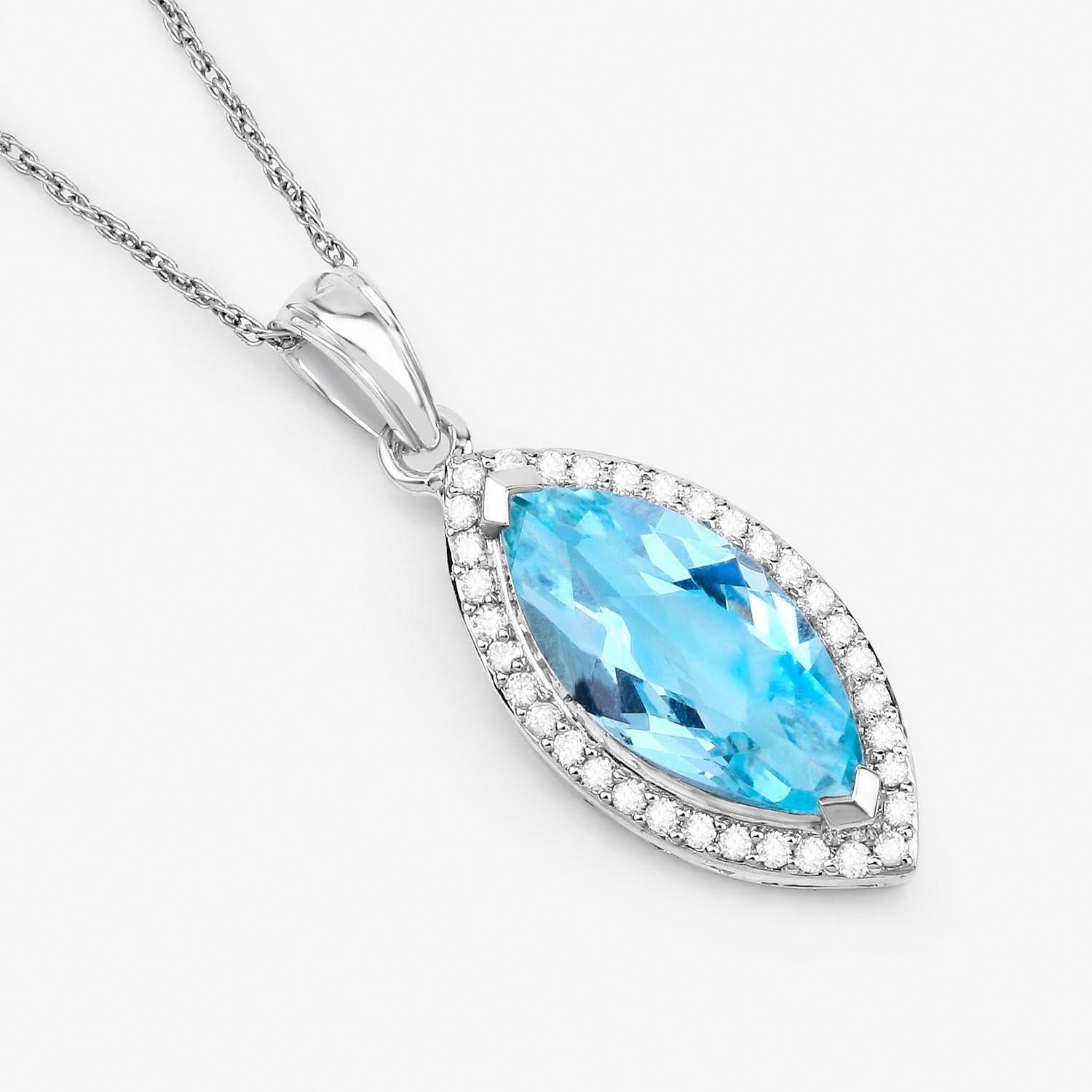 Marquise Cut Aquamarine Necklace With Diamond Halo 2.55 Carats 14K White Gold For Sale