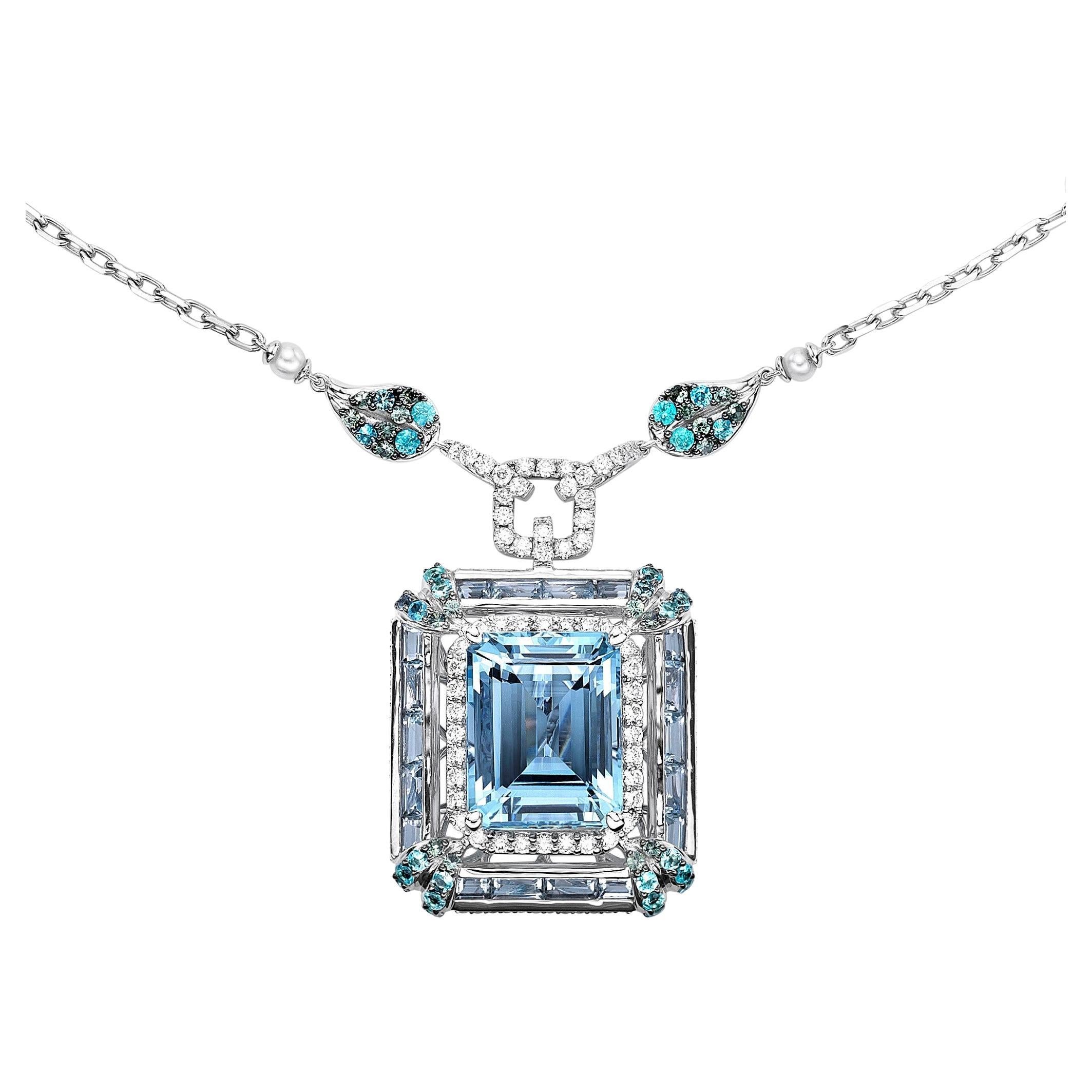 Aquamarine Necklace with Paraiba, Alexandrite, Pearl & Diamond in 18KWG For Sale