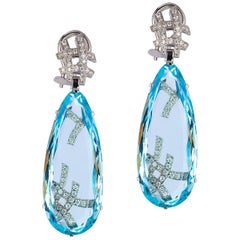 Goshwara Old Cut  Pear Shape Aquamarine And Diamond Earrings