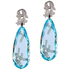  Goshwara Old Cut  Pear Shape Aquamarine And Diamond Earrings