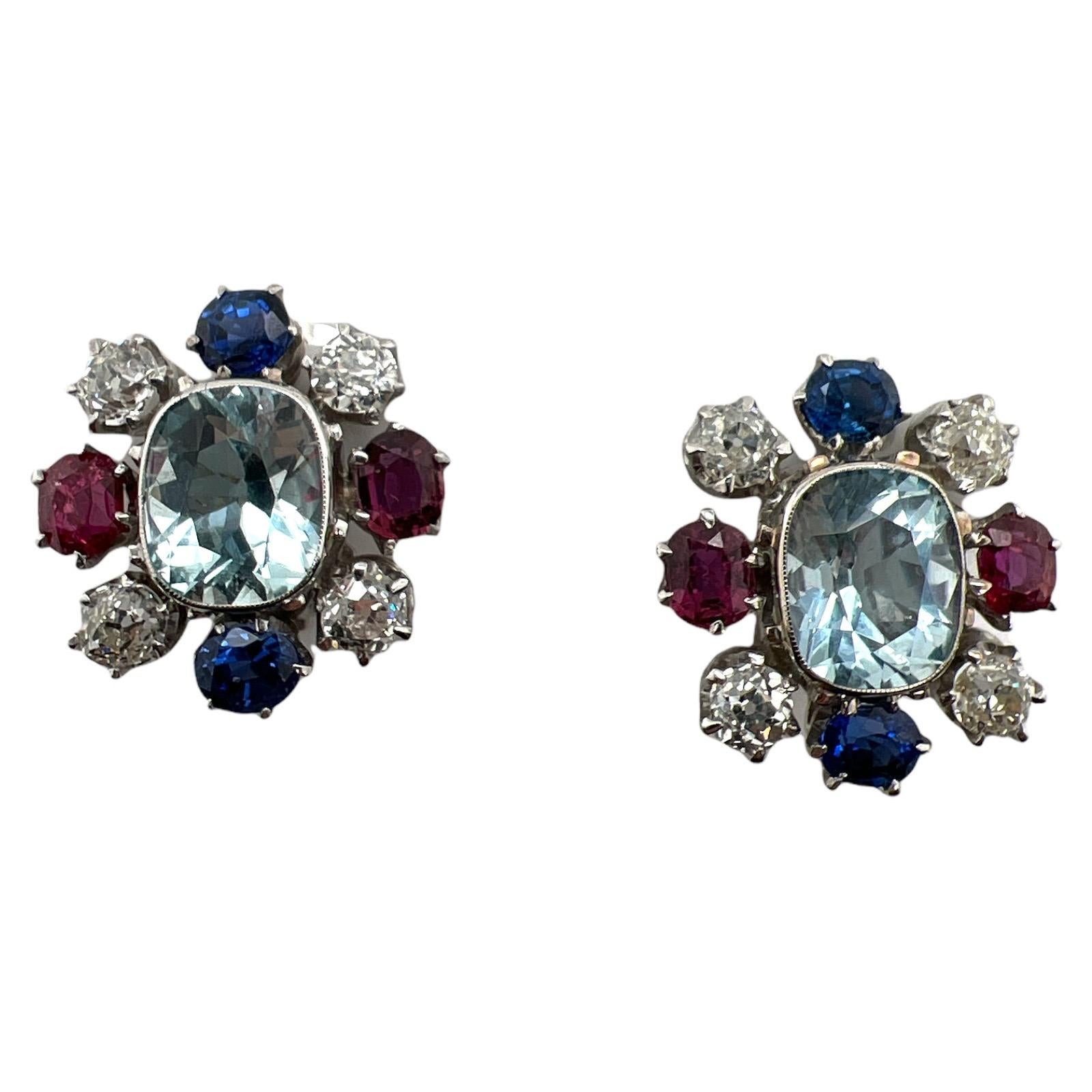 Art Deco Aquamarine Old European Diamond Ruby Sapphire Antique White Gold Ear Clips