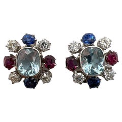 Aquamarine Old European Diamond Ruby Sapphire Antique White Gold Ear Clips