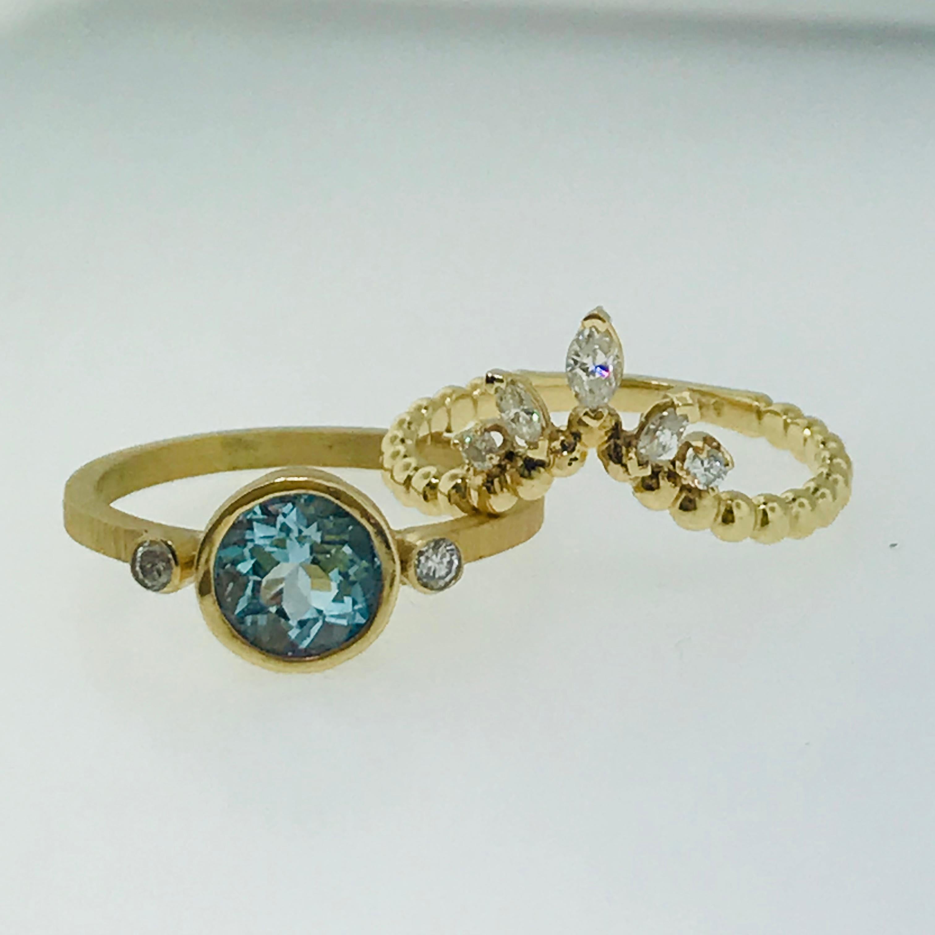 Modern Aquamarine One Carat and .25 Carat Diamond Custom Engagement Ring with V Band
