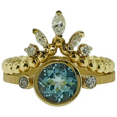 Aquamarine One Carat and .25 Carat Diamond Custom Engagement Ring with V Band