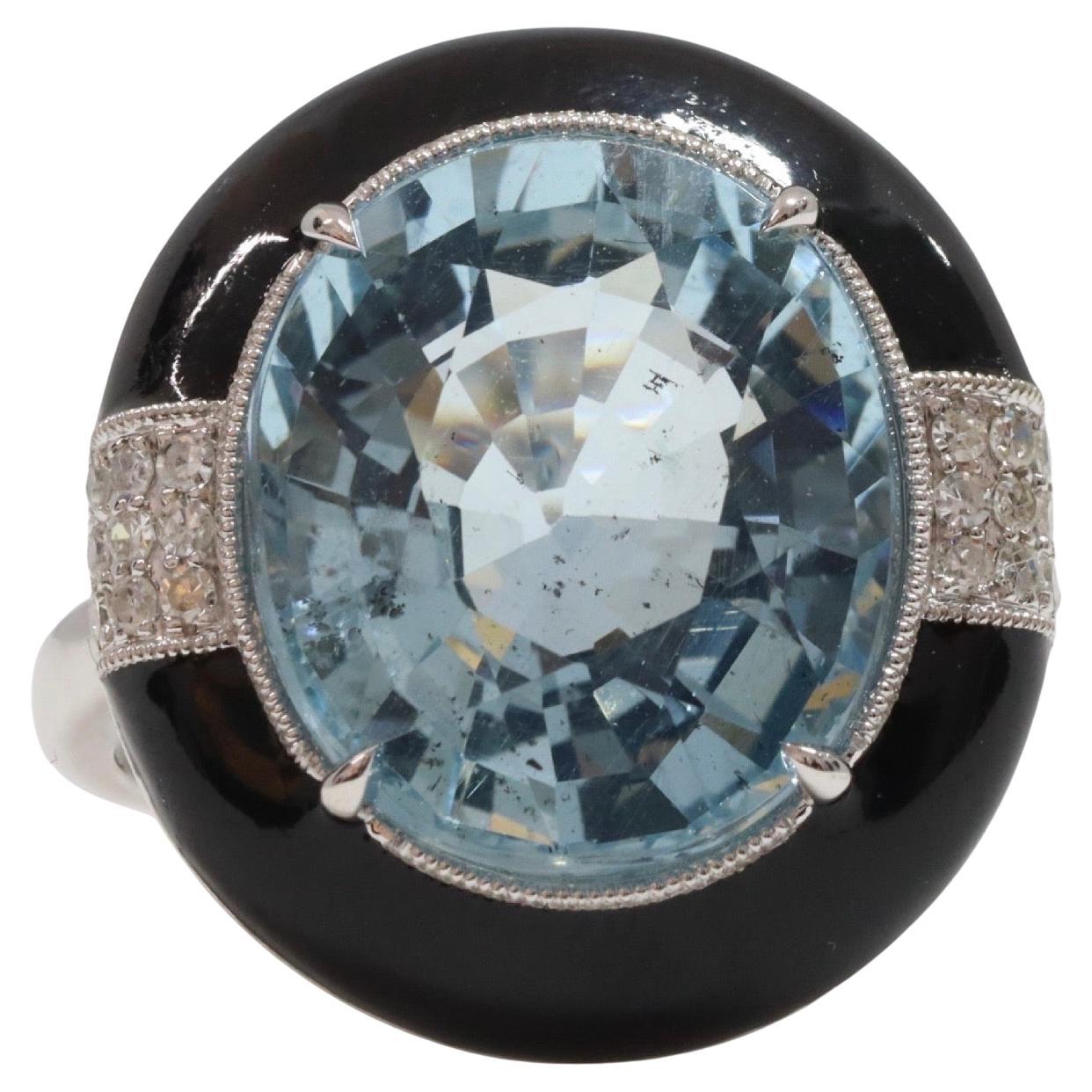 Bague de cocktail en aigue-marine, onyx et diamants en or blanc 14ct