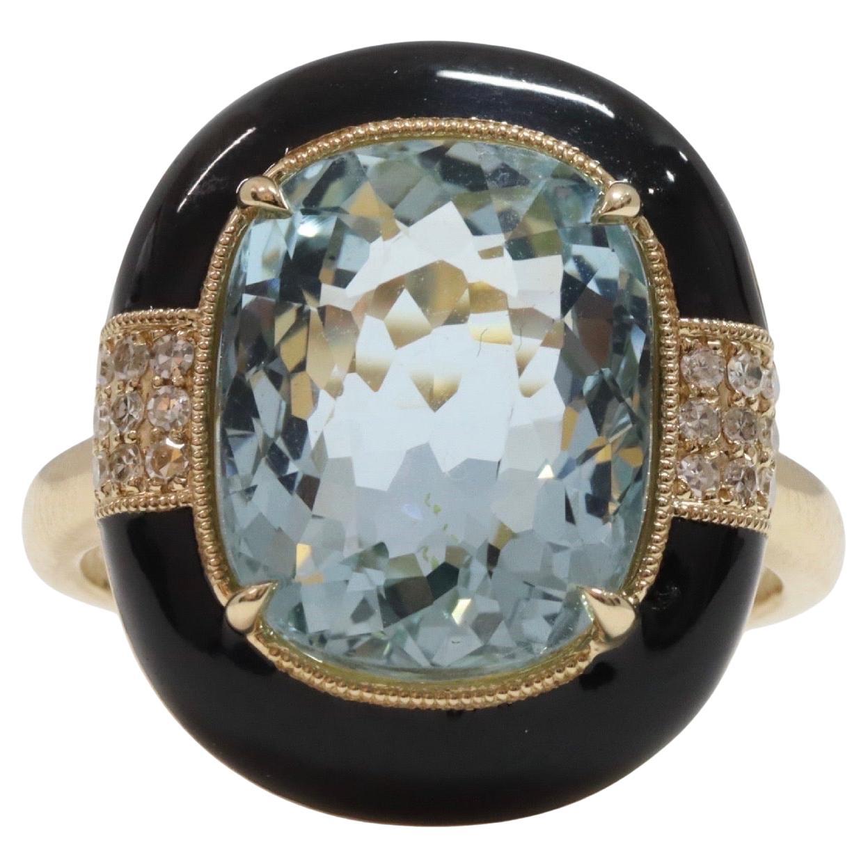Bague de cocktail en or jaune 14ct avec aigue-marine, onyx et diamants