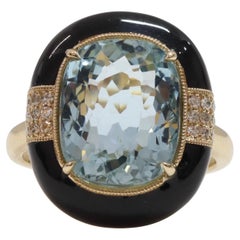 Anello cocktail con acquamarina, onice e diamanti in oro giallo 14 carati
