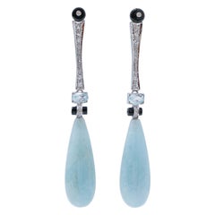 Aquamarine, Onyx, Aquamarine Colour Topazs, Diamonds, Platinum Earrings.