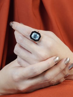 Aguamarina Ónice Diamante Anillo de Cóctel Estilo Art Decó en Oro Blanco de 14K