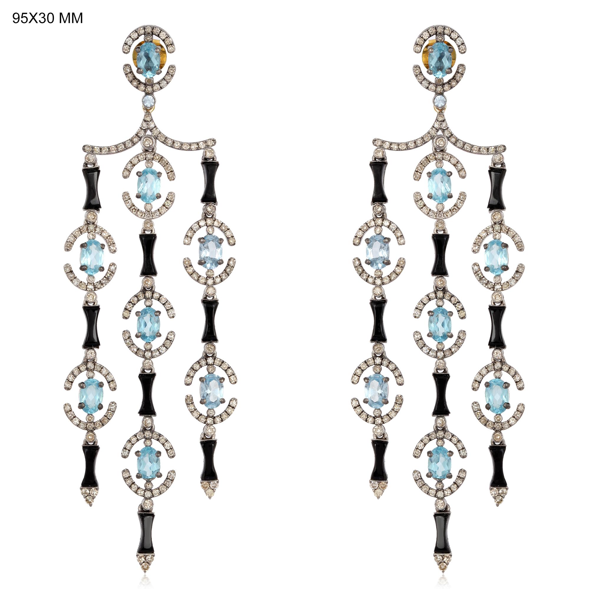 Single Cut Aquamarine Onyx Diamond Drop Earrings For Sale