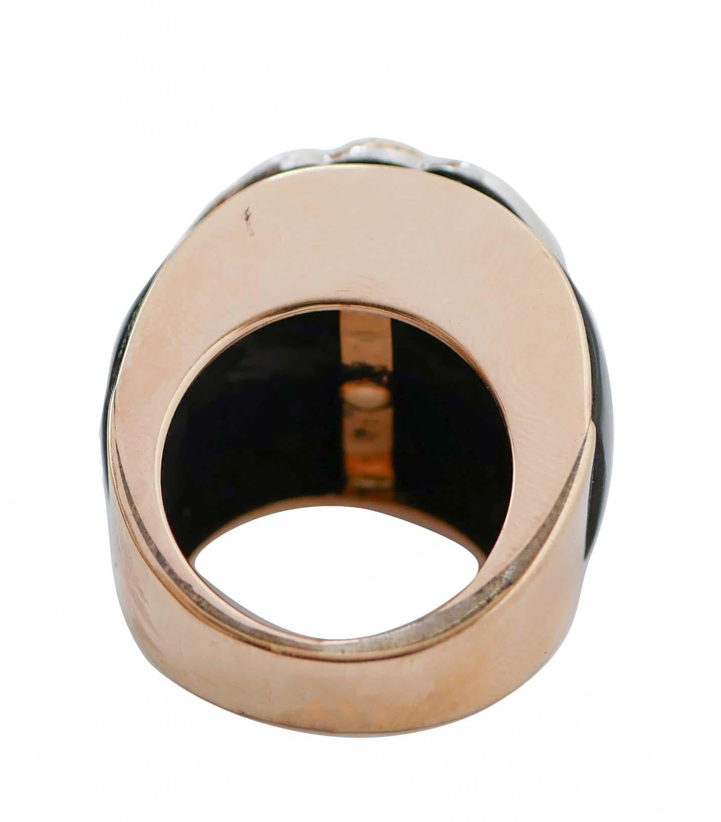 Aquamarin, Onyx, Diamanten, 14 Karat Rose Gold Ring. (Retro)