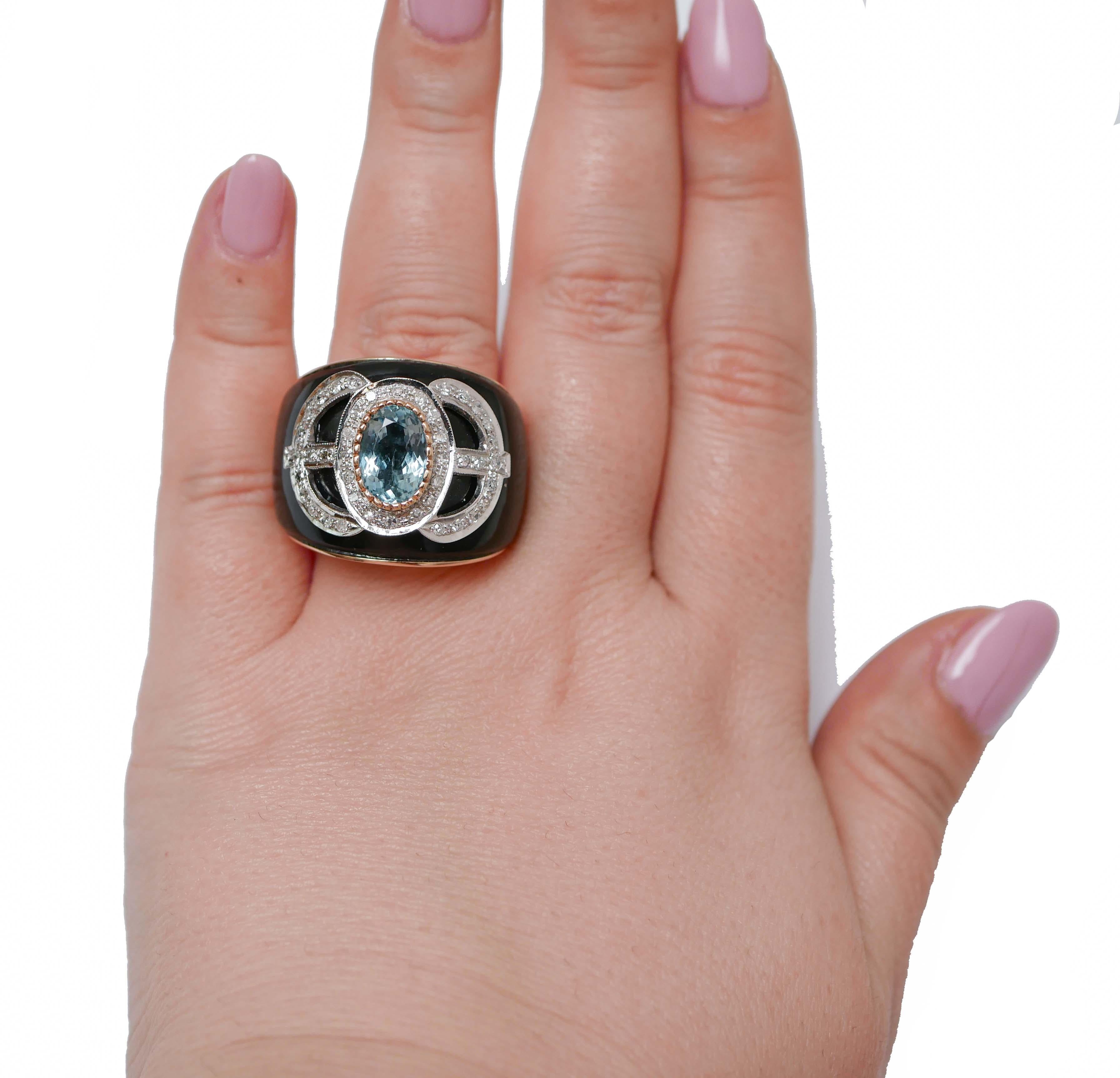 Aquamarin, Onyx, Diamanten, 14 Karat Rose Gold Ring. (Gemischter Schliff)