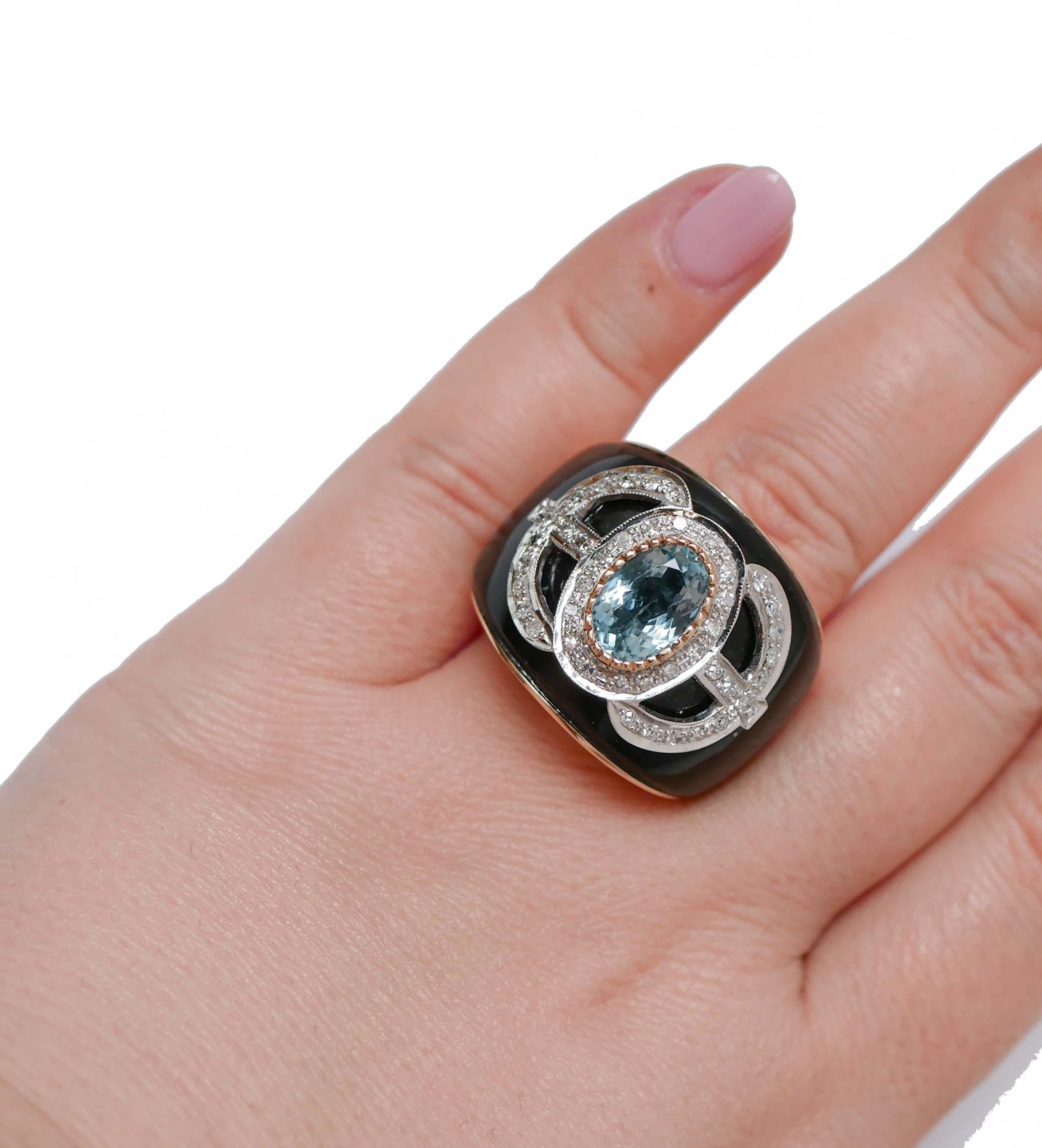 Aquamarin, Onyx, Diamanten, 14 Karat Rose Gold Ring. im Zustand „Gut“ in Marcianise, Marcianise (CE)