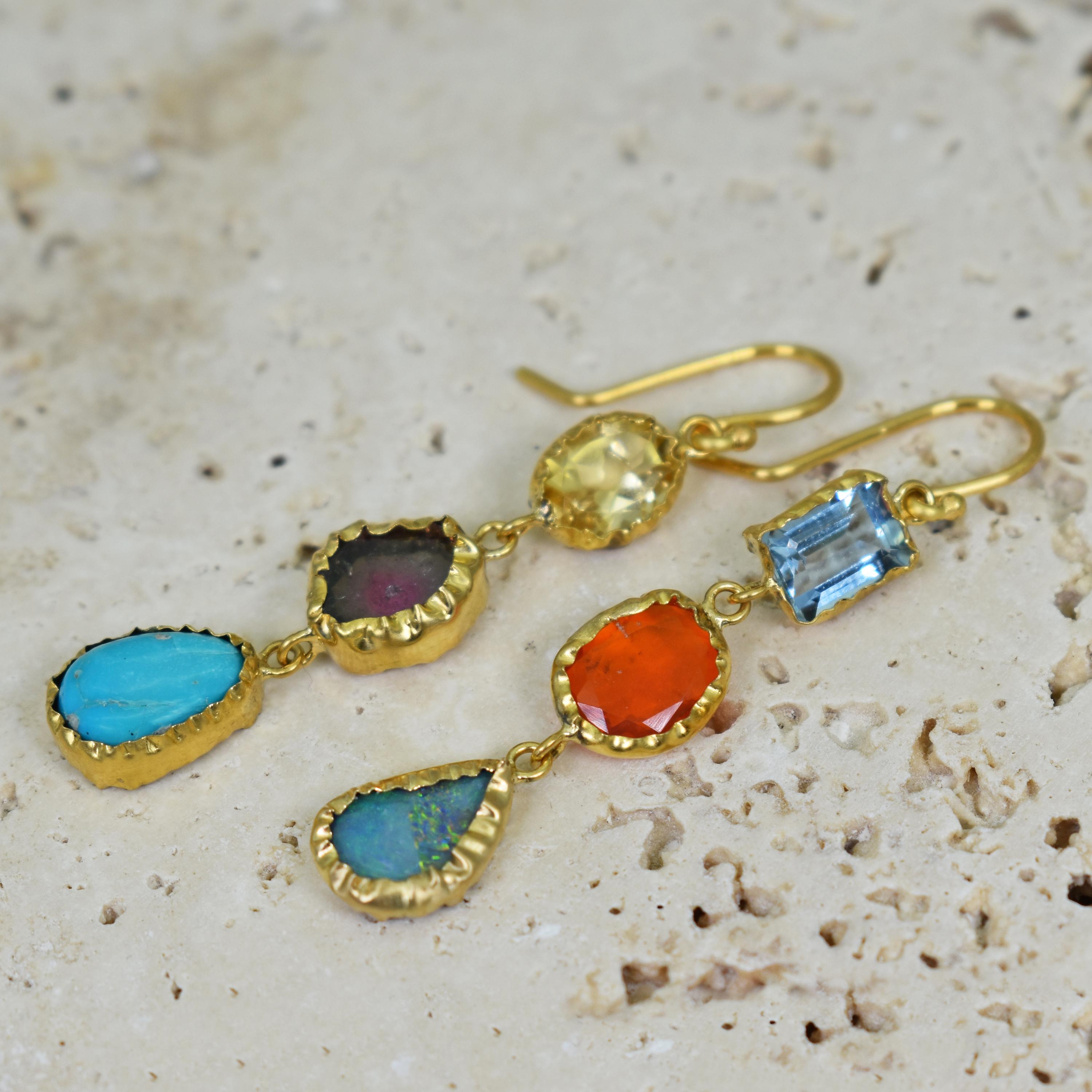 Multi-gemstone, 3-tier 22k yellow gold handmade dangle earrings featuring Citrine, Tourmaline, Turquoise, Aquamarine, Fire Opal and Australian Opal gemstones. Dangle earrings, including ear wires, are 2.07 inches in length. 