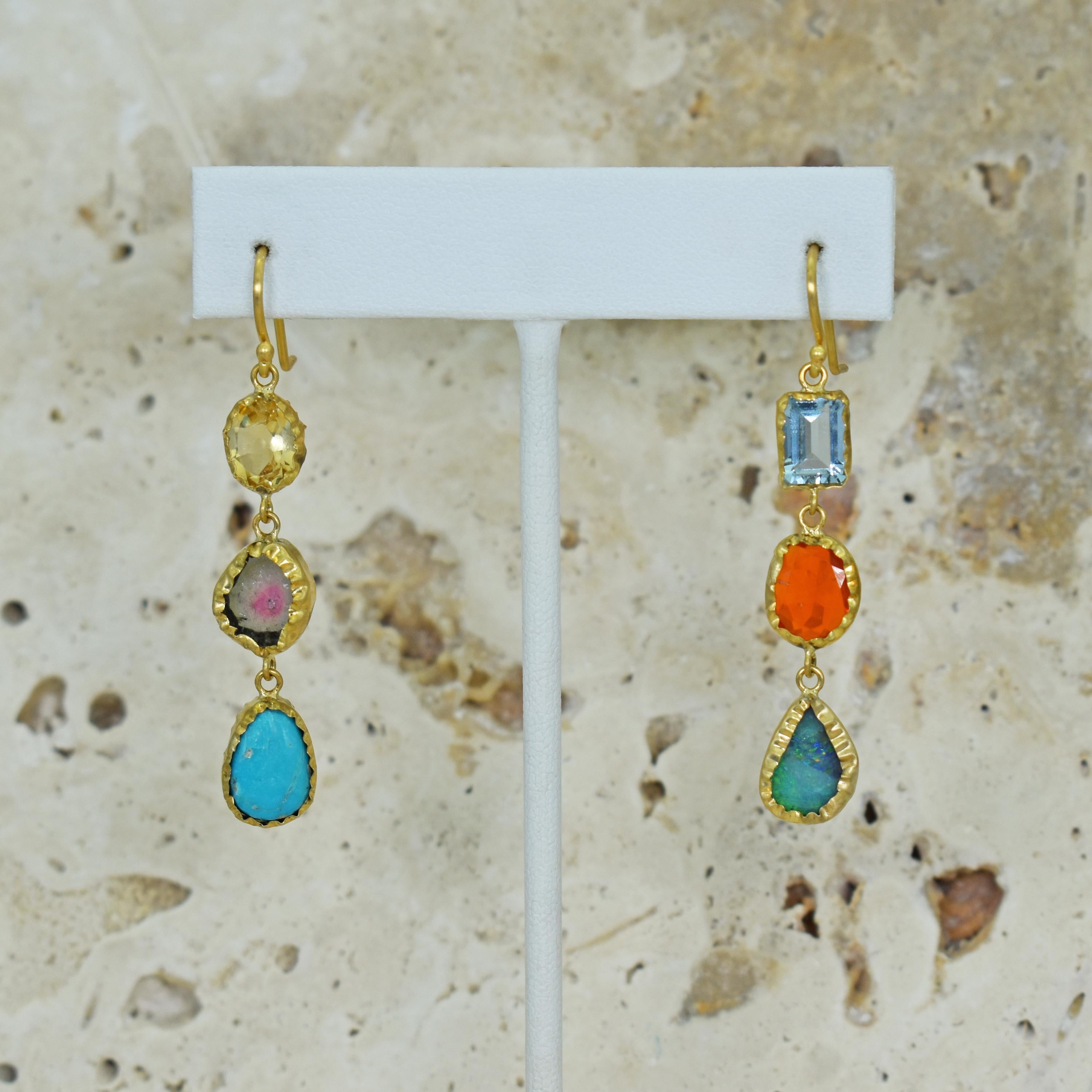 Contemporary Aquamarine, Opal and Turquoise 22 Karat Gold Dangle Earrings For Sale