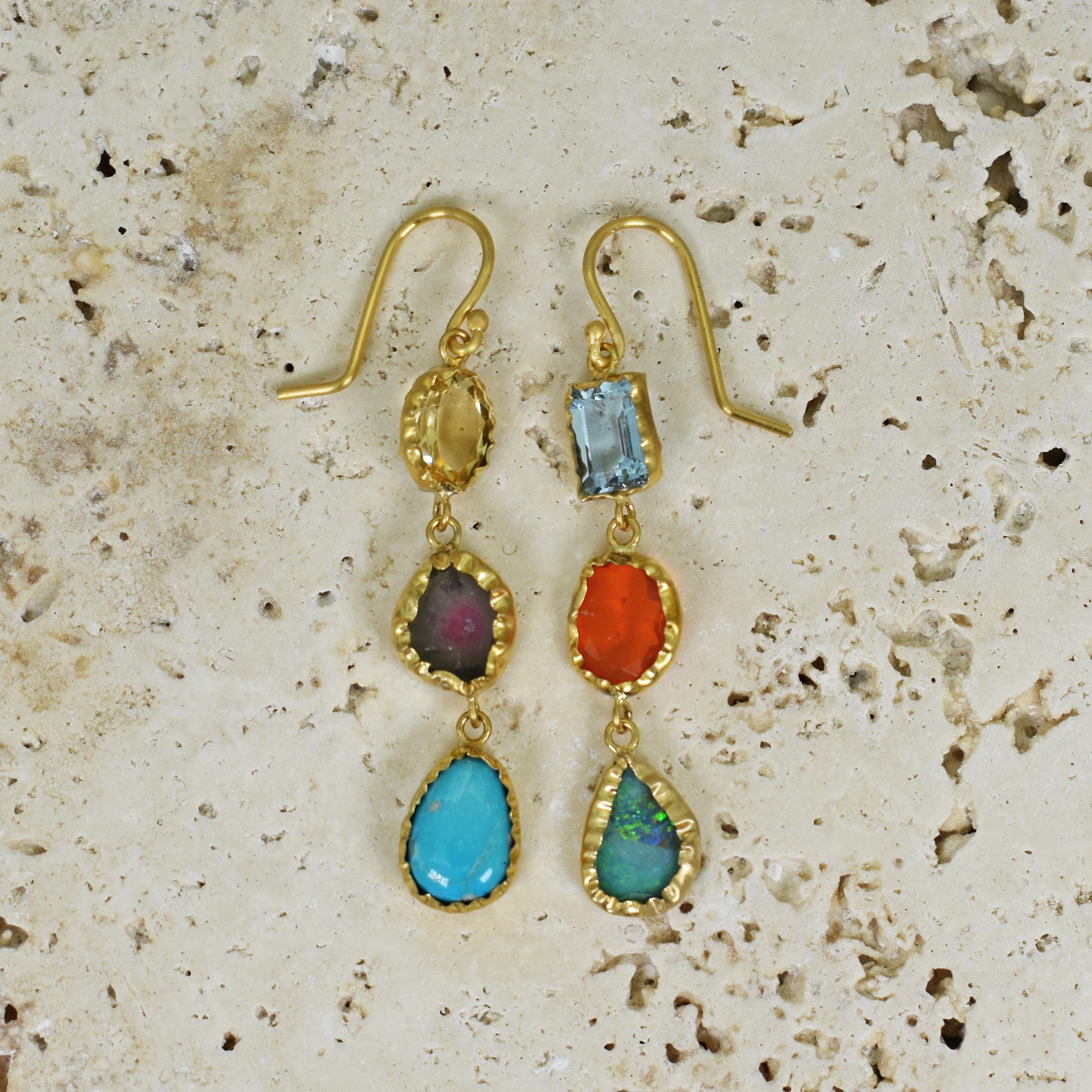 Women's Aquamarine, Opal and Turquoise 22 Karat Gold Dangle Earrings For Sale