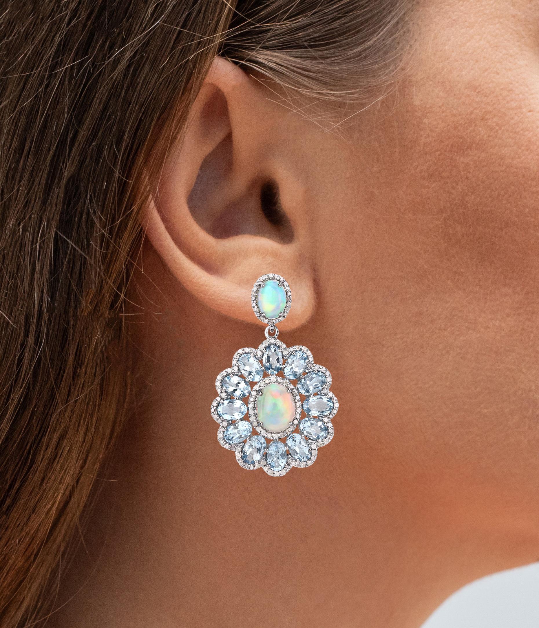 Art Nouveau Aquamarine Opal Dangle Earrings Diamond Setting 16.27 Carats Total For Sale