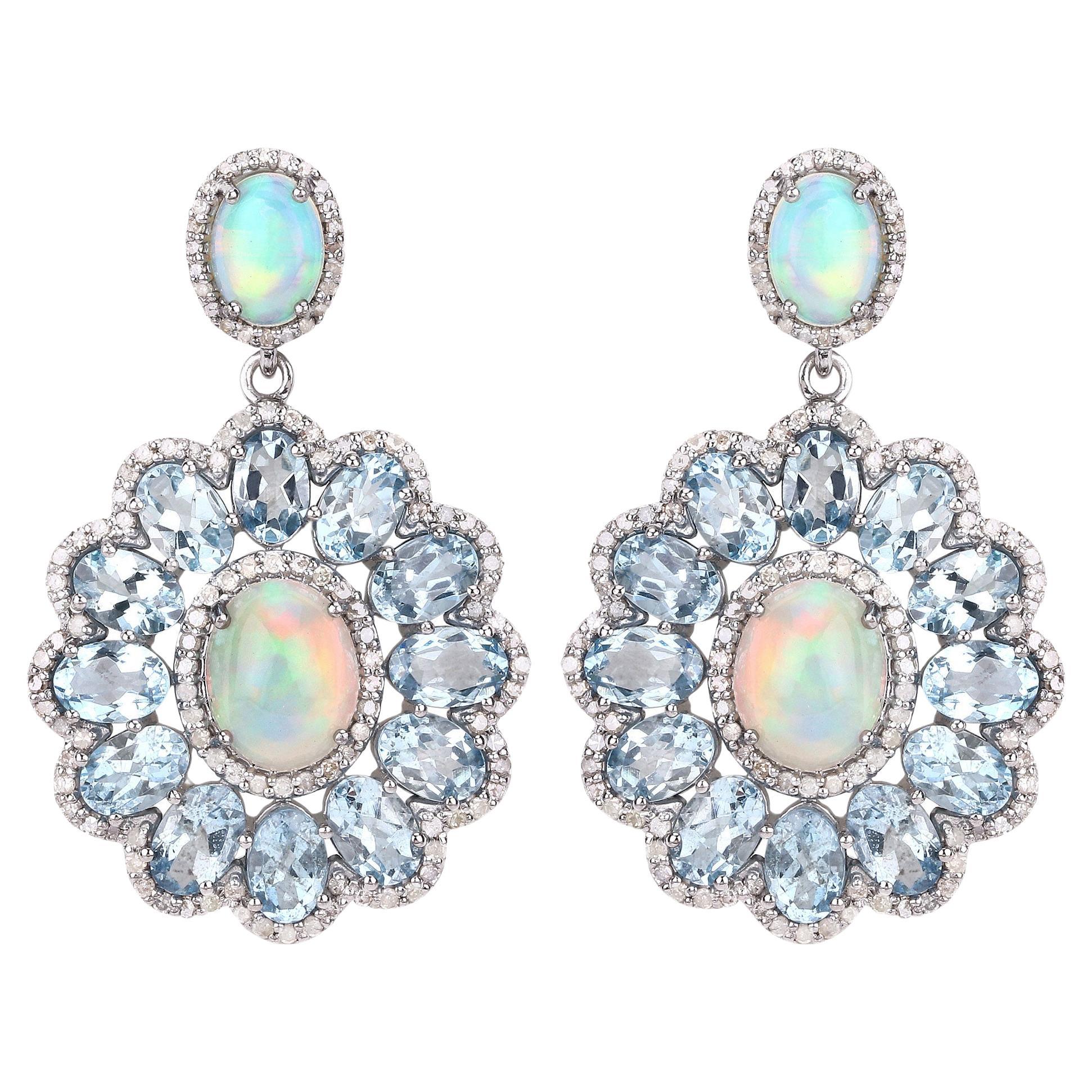 Aquamarine Opal Dangle Earrings Diamond Setting 16.27 Carats Total For Sale