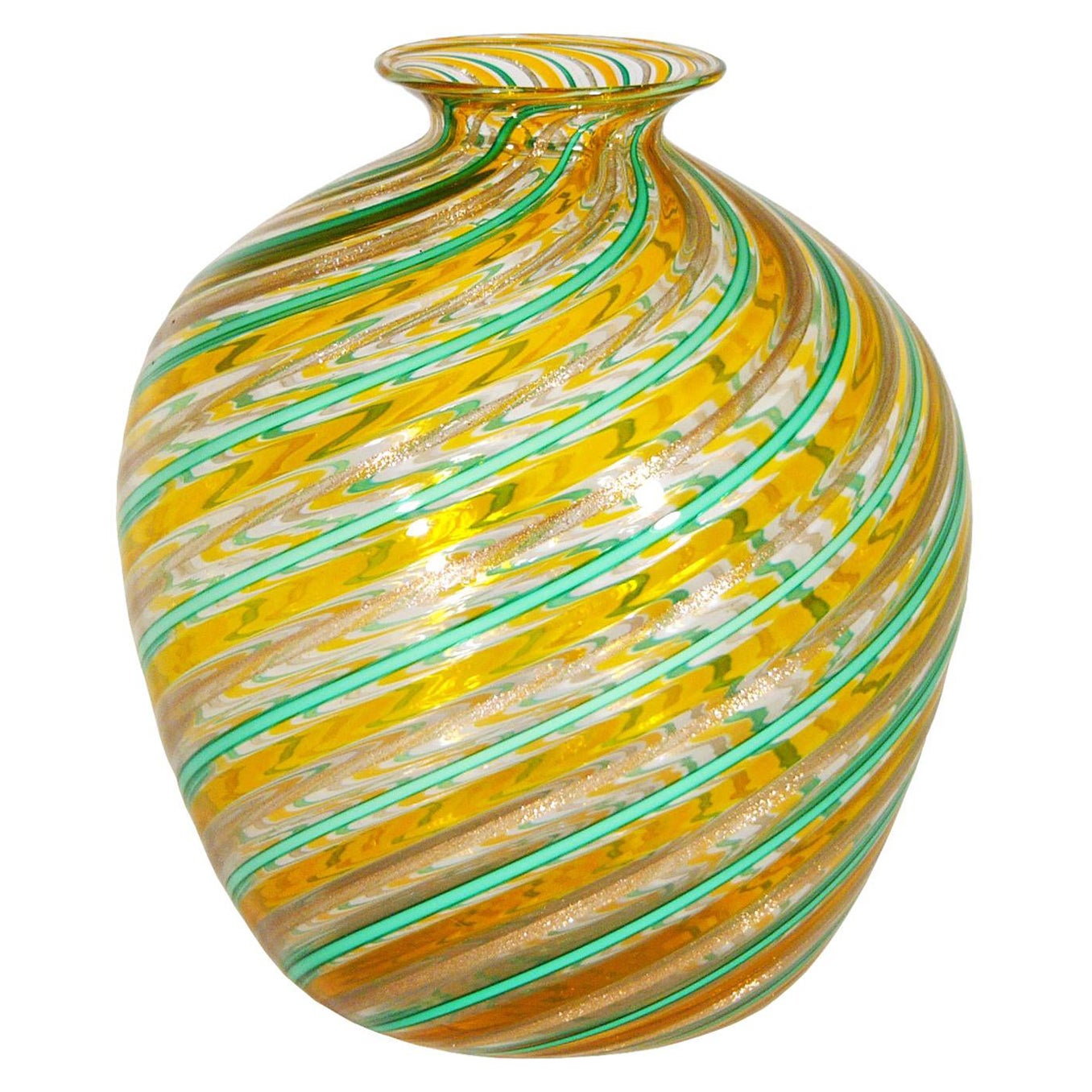 Vaso in vetro di Murano degli anni '70 in acquamarina, arancio e foglia d'oro di F.lli Toso