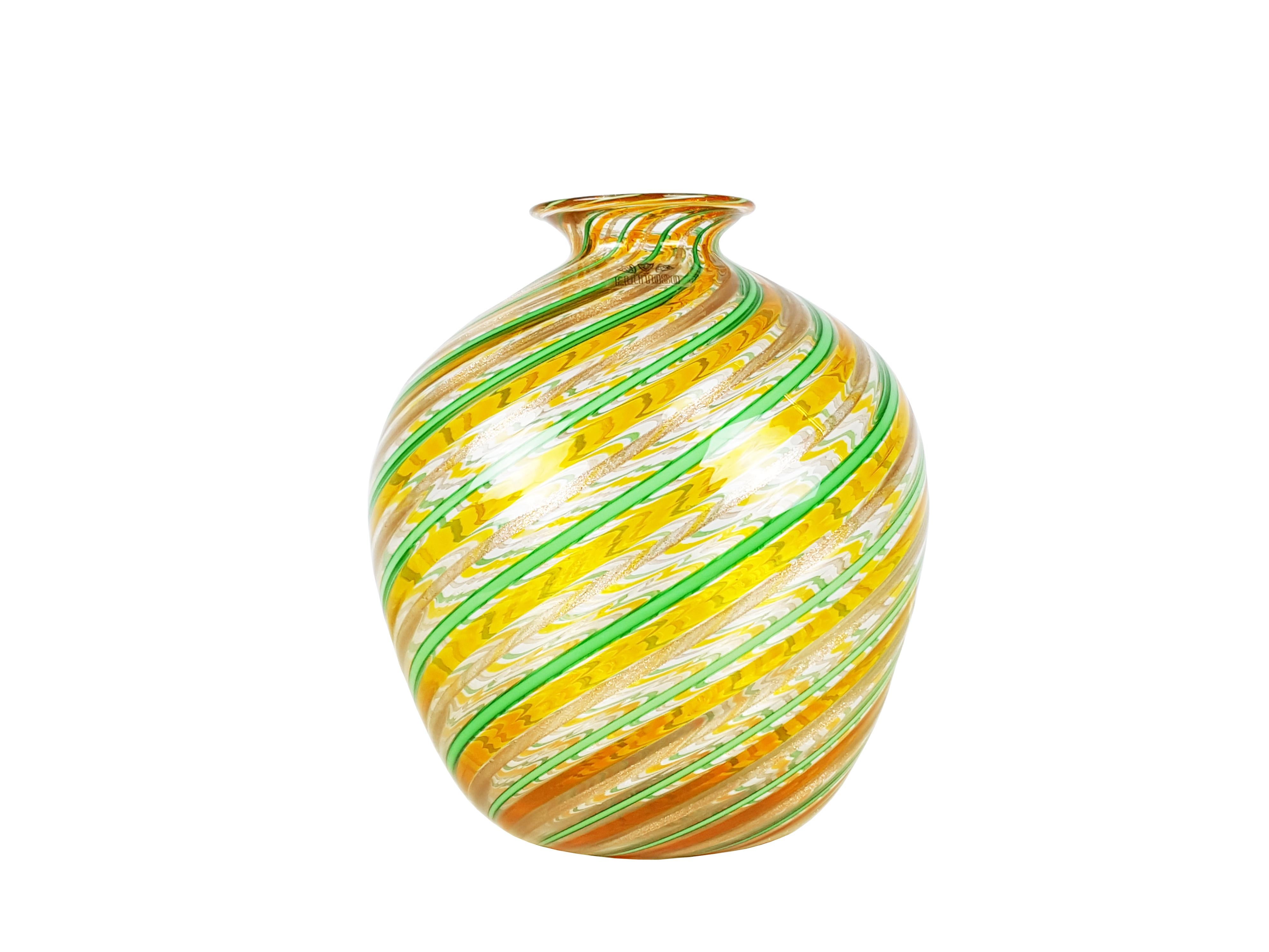 Italian Aquamarine, Orange and Gold Leaf 1970s Murano Glass Vase by F.lli Toso For Sale
