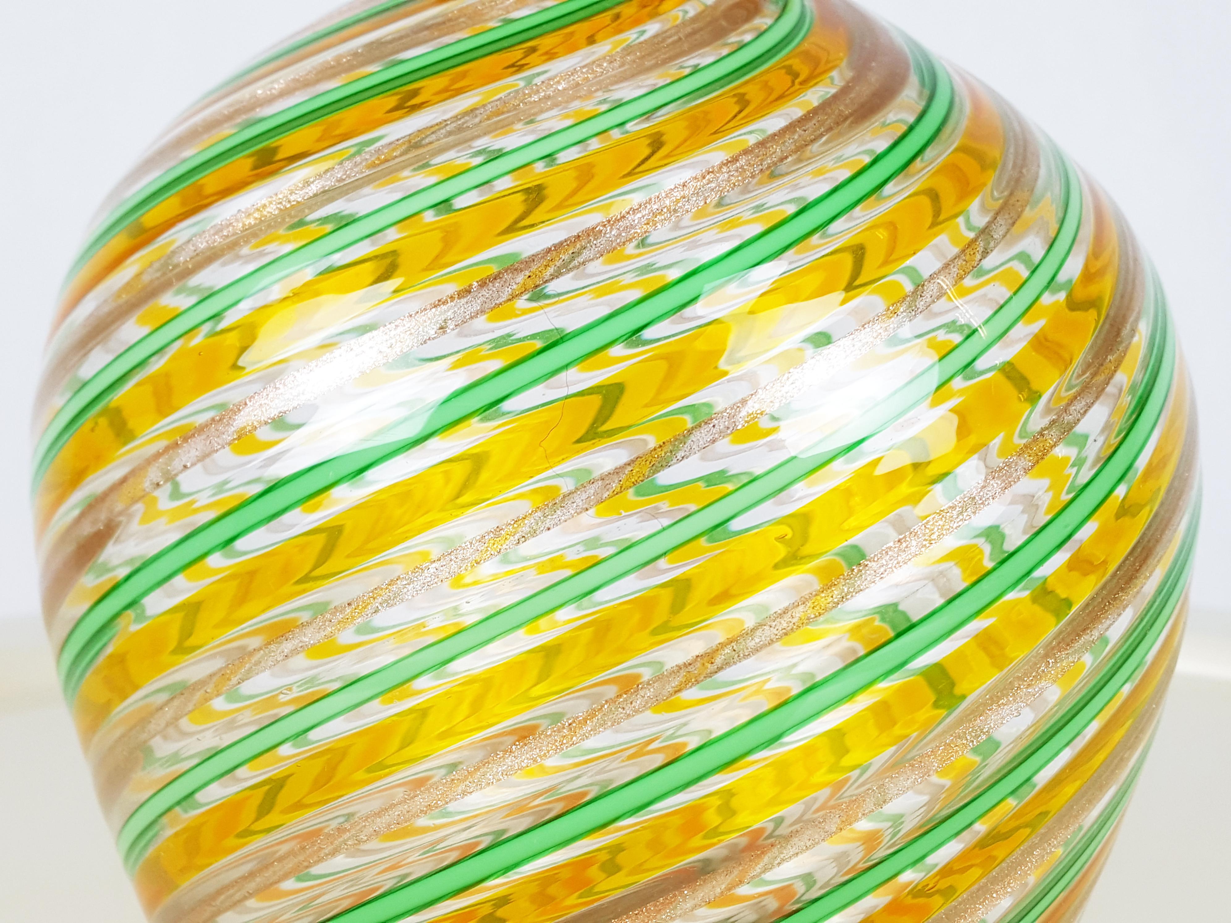 Hand-Crafted Aquamarine, Orange and Gold Leaf 1970s Murano Glass Vase by F.lli Toso For Sale