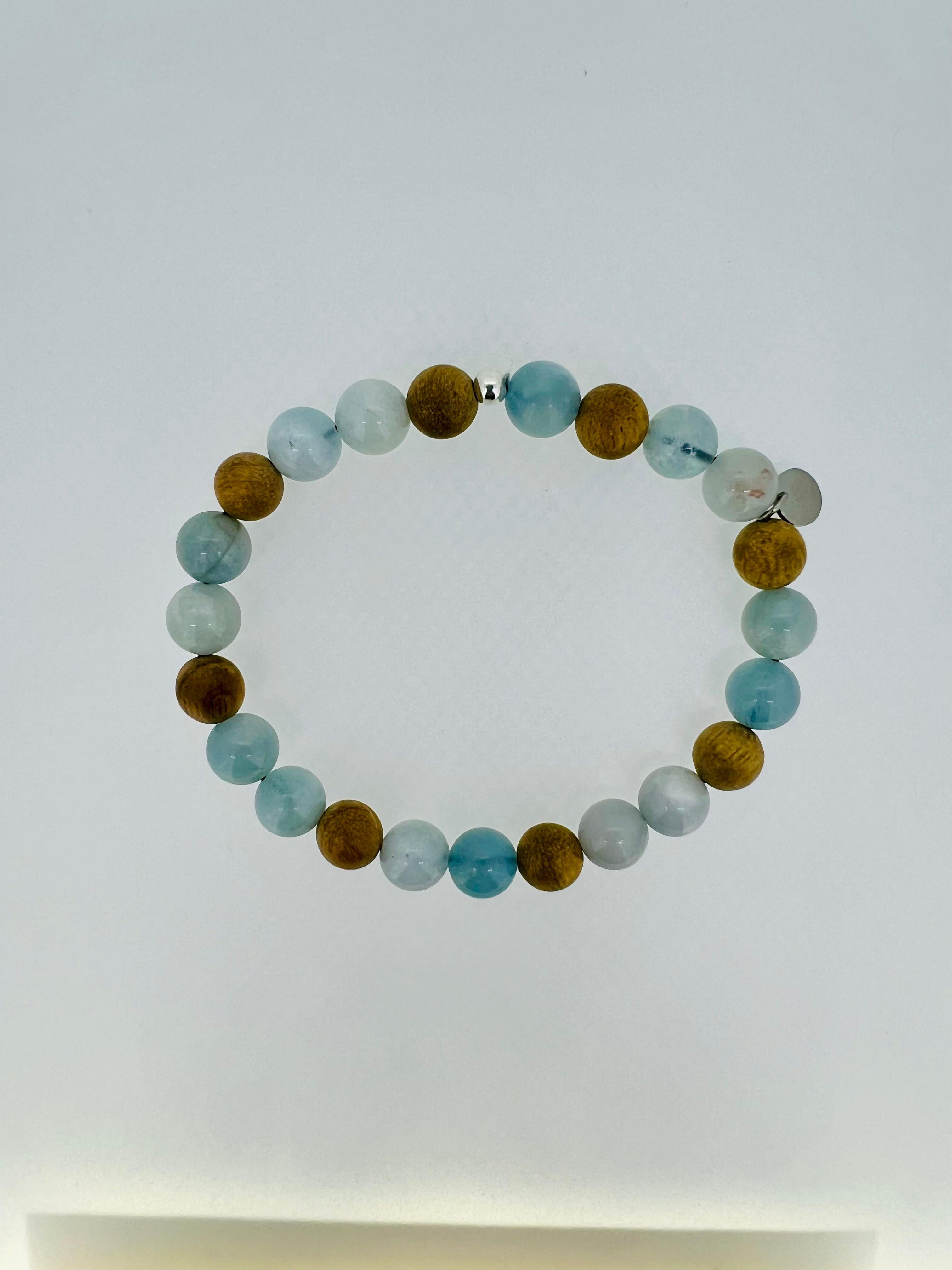Aquamarine & Oud Wood Beads Men's Bracelet For Sale 1