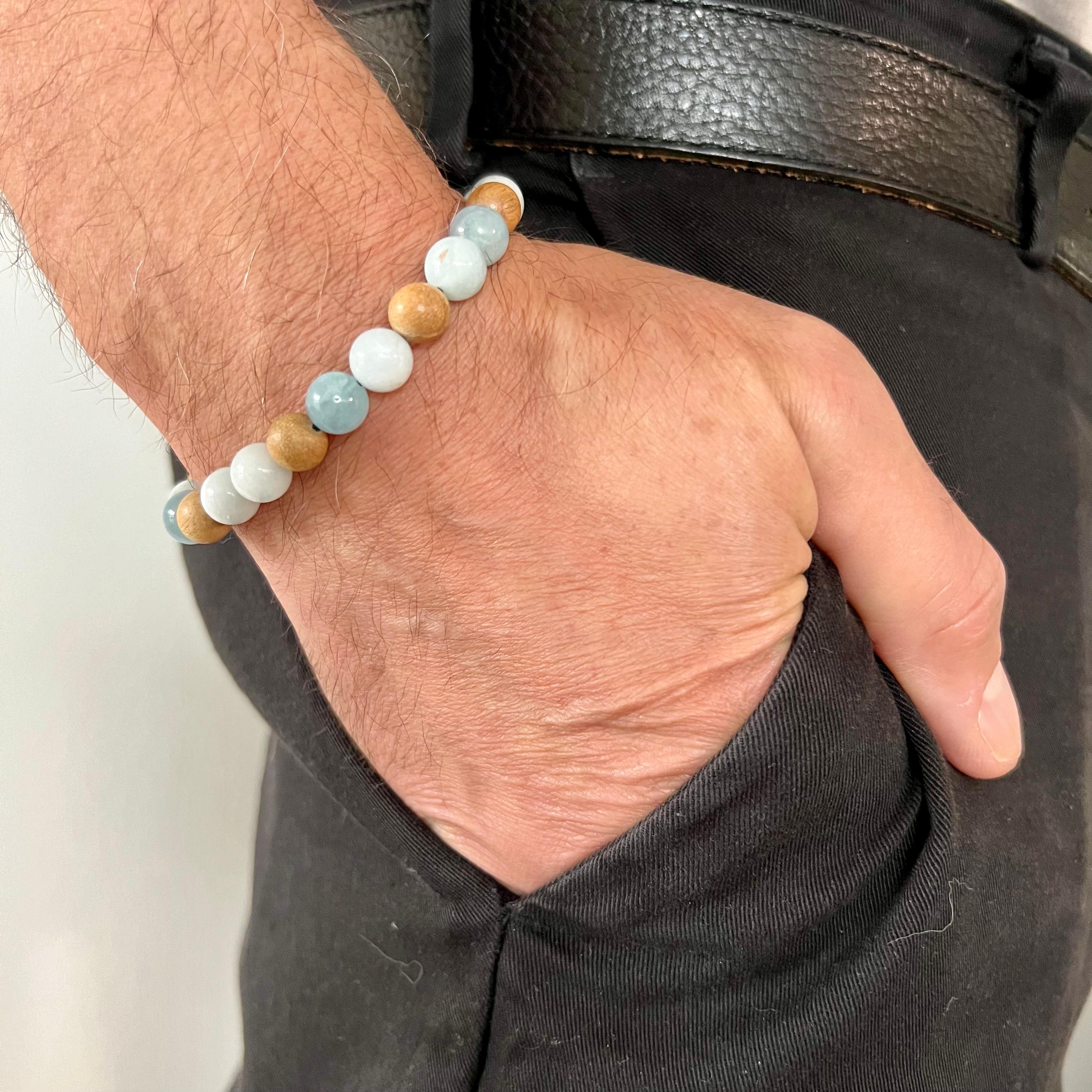 Aquamarine & Oud Wood Beads Men's Bracelet For Sale 2