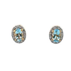 Aquamarine Oval 0.60ct & Round Diamonds 0.10ct Stud Earrings in 14k Yellow Gold