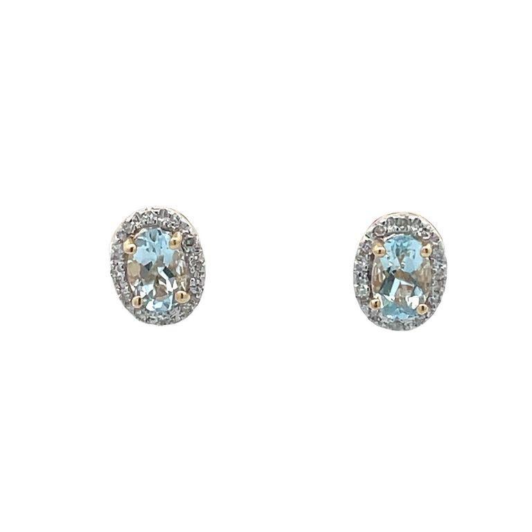 Aquamarine Oval 0.60ct & Round Diamonds 0.10ct Stud Earrings in 14k Yellow Gold  In New Condition For Sale In New York, NY