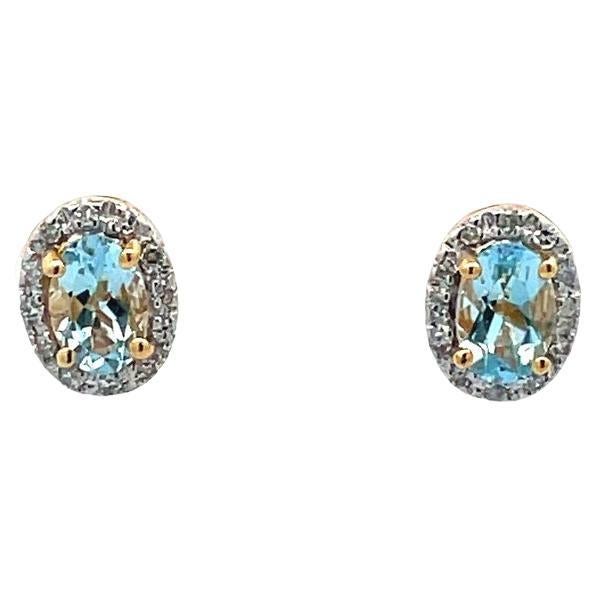 Aquamarine Oval 0.60ct & Round Diamonds 0.10ct Stud Earrings in 14k Yellow Gold  For Sale