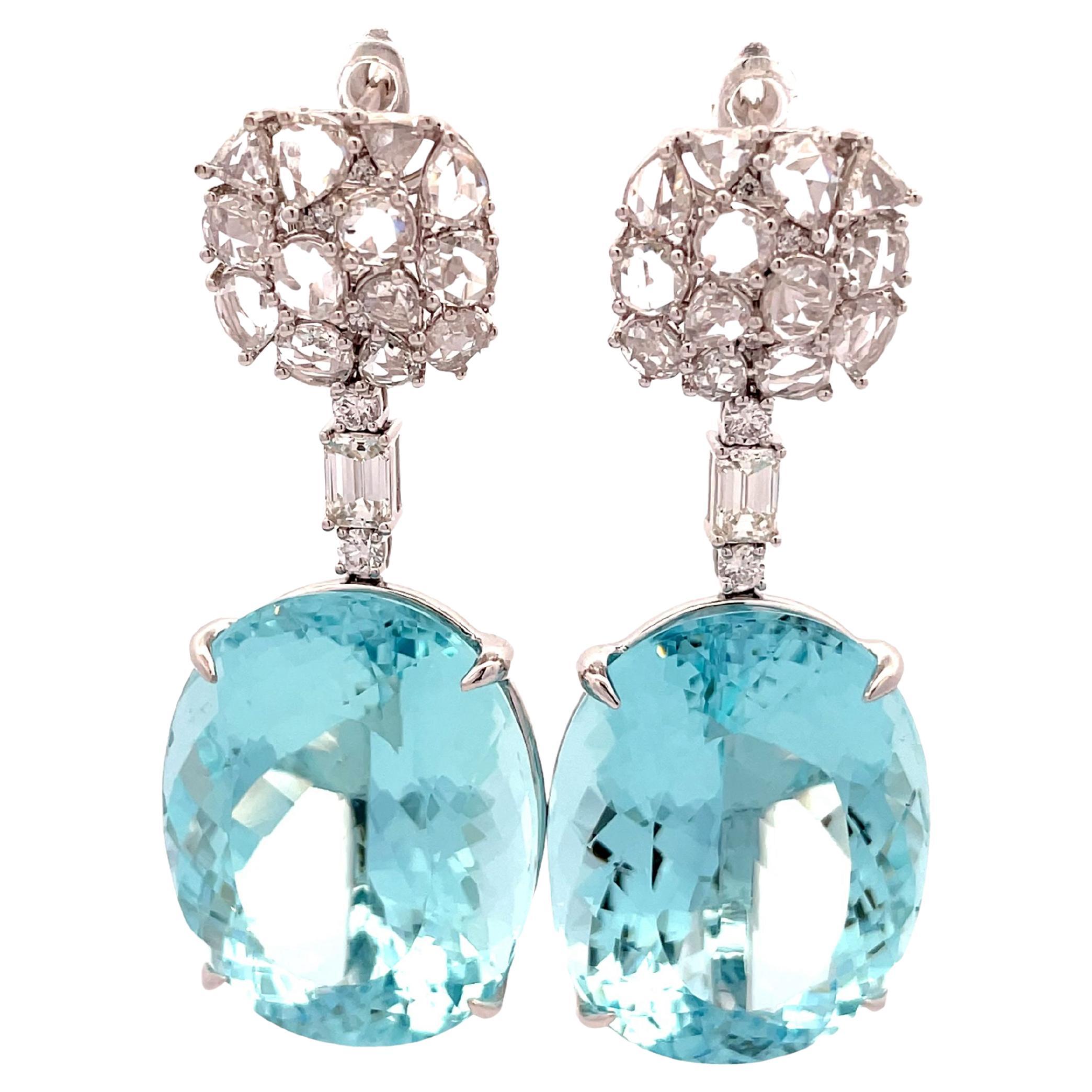 Aquamarine Oval 28.84 CT White Diamond (MIX SHAPE) 3.38 CT 18KW Earrings For Sale