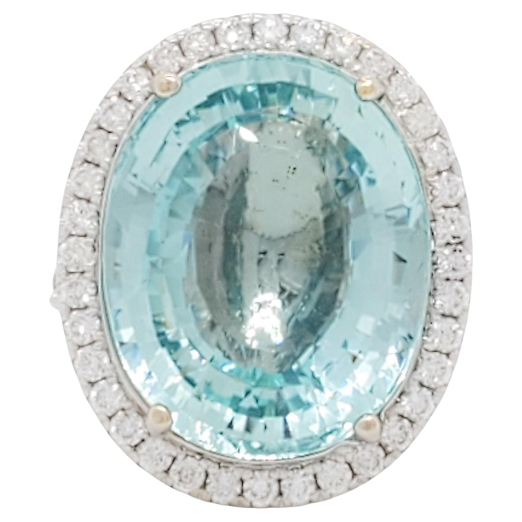 Aquamarine Oval and Diamond Cocktail Ring in 18k White Gold