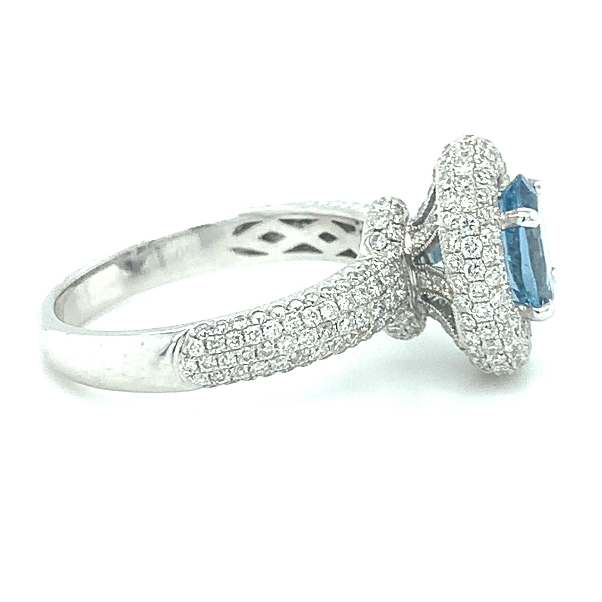 Artisan Aquamarine and Diamond Double Halo Engagement Ring in 18k White Gold For Sale